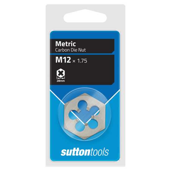 M12 x 1.75 die nut in carbon alloy steel designed for cleaning and resizing damaged threads, usable with a wrench or socket.