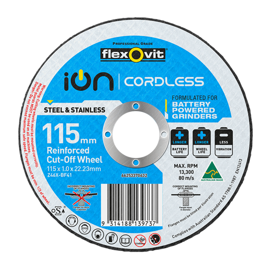 115 x 1 x 22mm Flexovit cut-off disc for battery grinders, designed for steel and stainless steel with extended battery life.