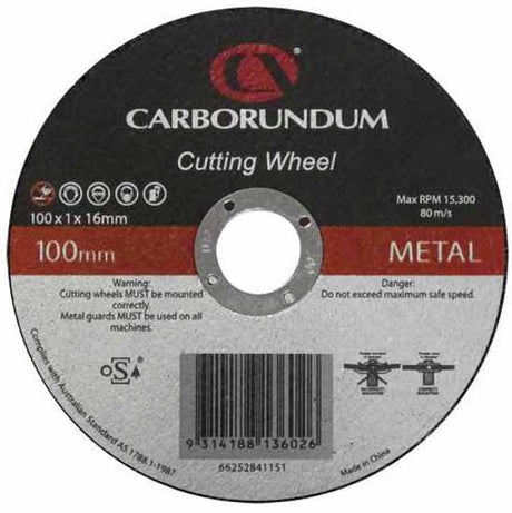 100X1X16mm Carborundum cut-off disc for precise metal cuts, ultra-thin design, iron-free, max RPM 15,300.