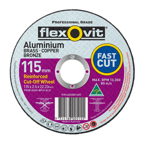 Cut off disc for aluminium, 115 x 2.5 x 22mm, designed for precision cutting of non-ferrous metals at 13,300 RPM.