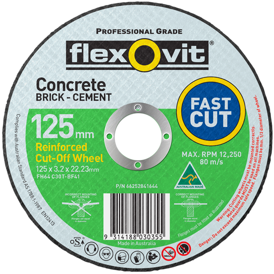 Flexovit 125mm masonry cut-off disc for precise cutting of bricks, ceramics, concrete, and non-ferrous metals.