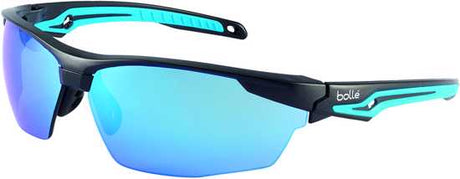 Bolle Tryon Safety Glasses with Blue Flash lens, featuring wrap-around frame, FLEX 160 temples, and UV protection for ultimate comfort.