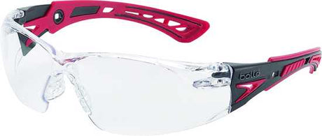 Bolle Rush+ Safety Glasses with clear lenses, red/black frame, anti-fog, and 99.99% UV protection for all-day eye safety.