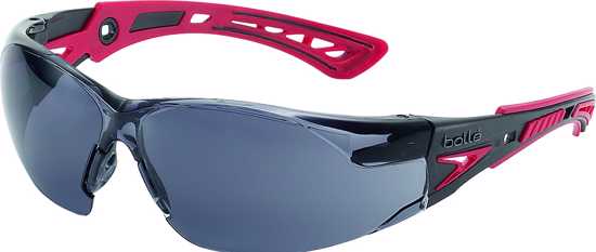 Bolle Rush+ Safety Glasses with smoke lens, featuring flexible temples, UV protection, and sporty design for ultimate eye safety.