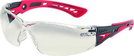 Bolle Rush+ Safety Glasses with contrast lens featuring flexible temples, non-slip bridge, and advanced anti-fog coating.