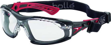 Bolle Rush+ Gasket Safety Glasses with clear lens, featuring adjustable fit, fog-resistant coating, and 99.99% UV protection.