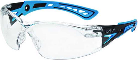 Bolle Rush+ Small Safety Glasses with clear lens, featuring flexible temples and UV protection, ideal for comfort and safety.