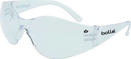 Clear Bolle Bandido Safety Spectacles featuring a polycarbonate frame, anti-fog coating, and medium impact protection.