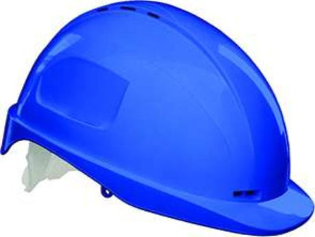 Lightweight blue ABS helmet with adjustable ratchet suspension and slip lock for accessories; certified for safety in various environments.