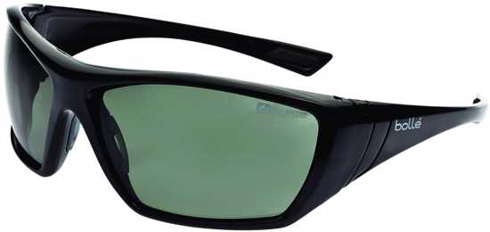 Bolle Hustler Safety Glasses with Grey/Green polarized lenses for UV protection and all-day comfort in outdoor activities.