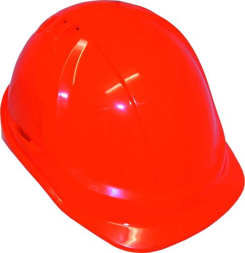 Fluro orange ABS helmet with 6-point harness, vented for airflow, certified to AS/NZS1801 for safety.