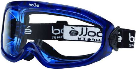 Bolle Blast Foam Bound Safety Goggles with clear lens, blue frame, UV protection, fits over eyeglasses, ideal for eye safety.