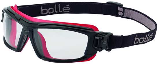 Bolle ULTIM8 Safety Goggles with clear lens, red and black frame, UV protection, anti-fog, scratch-resistant for extreme environments.