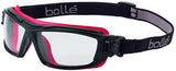 Bolle ULTIM8 Safety Goggles with clear lens, red and black frame, UV protection, anti-fog, scratch-resistant for extreme environments.