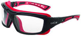 Bolle ULTIM8 Safety Goggles with clear lens, red and black frame, provide UV protection and anti-fog features for extreme work environments.