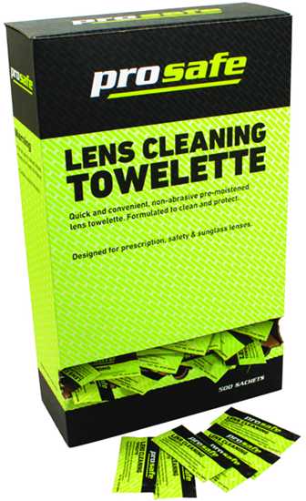 Prosafe Lens Cleaning Towelettes in a box of 500 for safe, streak-free lens care on glasses and sunglasses.