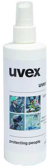 Uvex Replacement Cleaning Fluid in a 500ml bottle, designed to clean and protect eyewear lenses effectively.