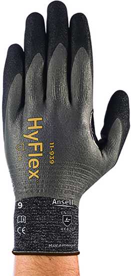 Ansell HyFlex 11-939 gloves, lightweight cut-resistant design with oil-repellent foam nitrile coating, ideal for industrial use.