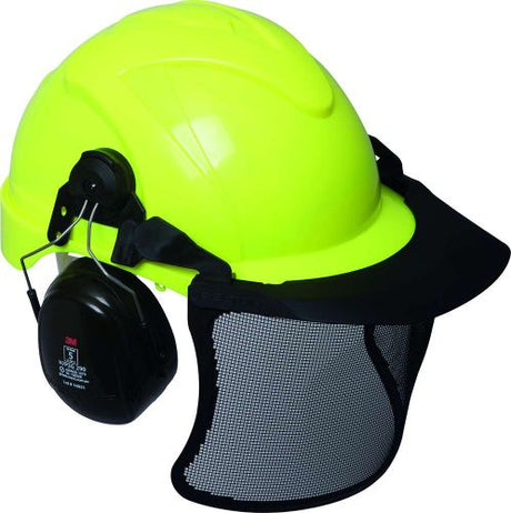 Fluro yellow forestry helmet and visor combo with 3M Peltor earmuffs for optimal safety, comfort, and visibility in outdoor work.