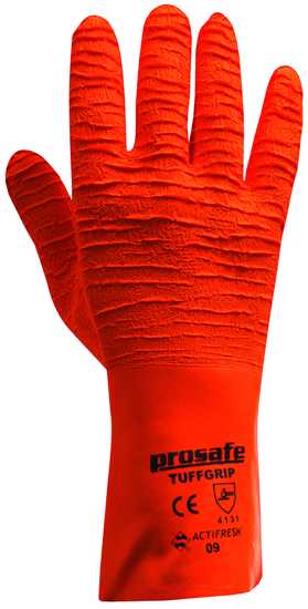 Durable Prosafe Tuffgrip Gloves for safety, featuring latex coating for grip and cotton lining for comfort, sizes 8-11.