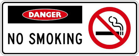 Danger No Smoking sign made of durable PVC, sized 450 x 180mm, features clear messaging for safety and compliance.