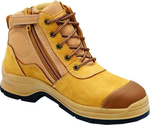 Blundstone 318 safety boots in wheat, size 5, featuring steel cap, zip side, XRD shock absorption, and slip resistance.