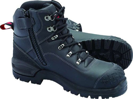 Black John Bull Crow 4598 Zip Sided Safety Boots, size 4, featuring heat-resistant sole, comfort lining, and easy-access zipper.