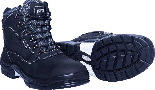 Tredlite Highbank Safety Boots in black, size 6, featuring water resistance, steel midsole, and heat-resistant TPU sole.