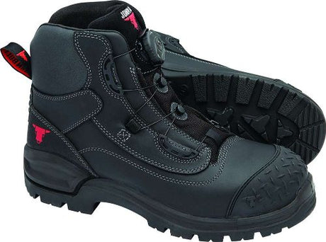 Black John Bull Oryx 4590 Boa Safety Boots, size 6, featuring energy-absorbing cushion, Boa lacing, and heat-resistant sole.