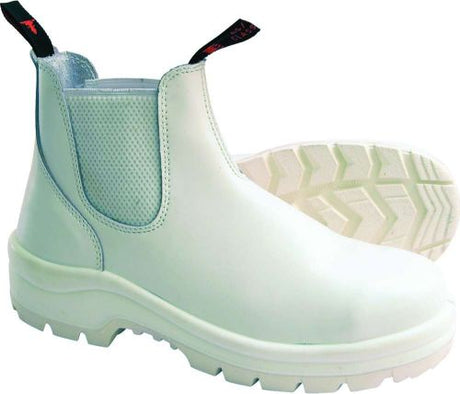 John Bull Bianco 8201 Safety Boots in size 5, featuring durable PU rubber sole and impact-absorbing gel for comfort.