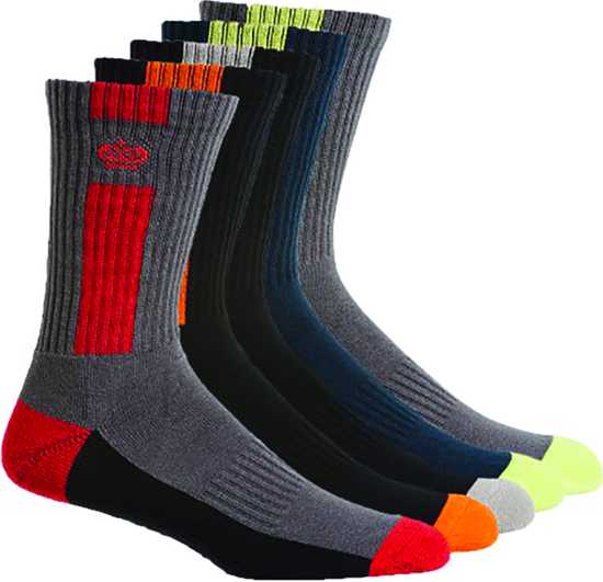 KingGee Crew Cotton Socks 5 Pack: Comfortable, breathable athletic socks in five colors, one size (7/12), seamless toe design.