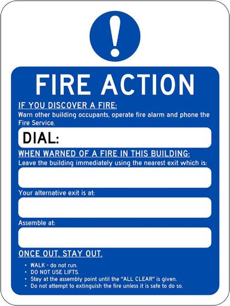 Durable Fire Action Notice Sign (225 x 300mm) in self-adhesive vinyl for clear emergency procedures in workplaces.