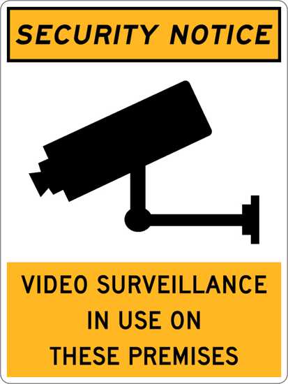 Security notice sign indicating video surveillance in use, dimensions 225mm x 300mm, single sided.