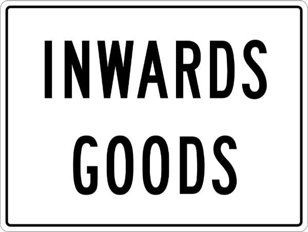 Info Inwards Goods Sign featuring durable PVC, 600 x 450mm, ideal for clear communication and easy installation.