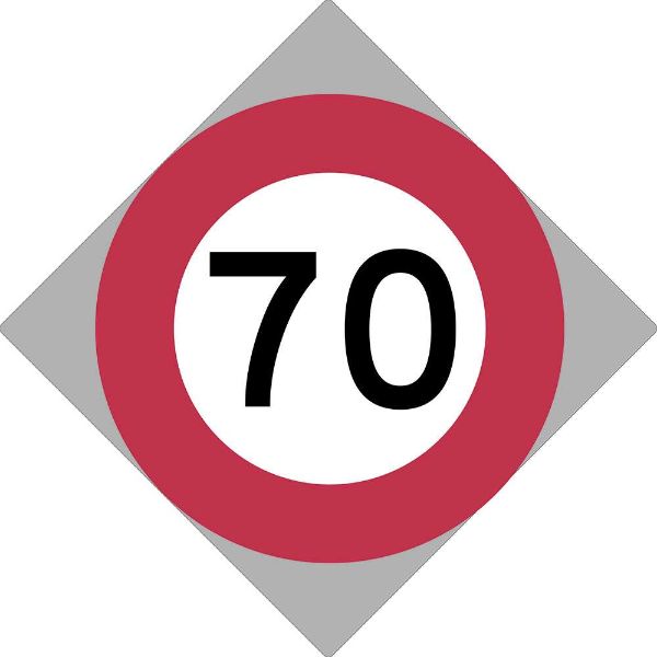 Reflective RG-1 road sign indicating a speed limit of 70 KM/HR, sized 750 x 750mm.