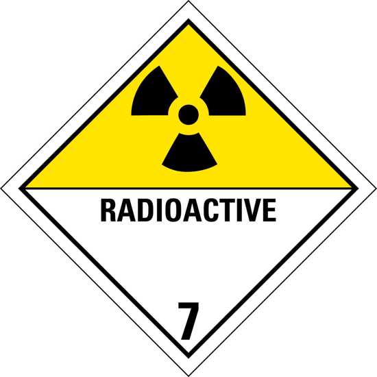 Single-sided radioactive goods sign, 295mm x 295mm, for safe transport of dangerous goods over legal limits.