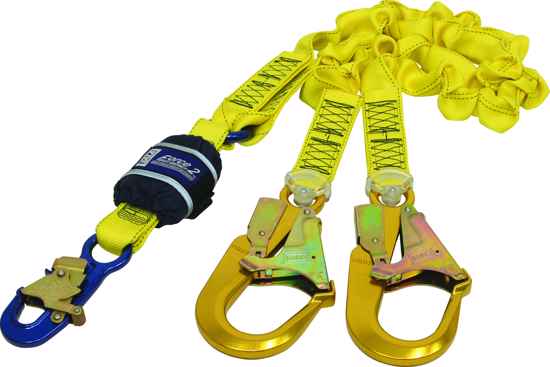 Elastic twin lanyard with 2m length, snap and scaffold hooks, reflective materials, and Hi-10 energy absorption for safety.