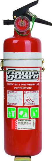 Flameguard 1.5kg ABE Dry Powder Extinguisher, portable fire safety tool for homes and vehicles, compliant with AS/NZS standards.