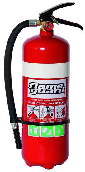 Flameguard 4.5kg ABE Dry Powder Extinguisher with pressure indicator, hose fitting, and wall mount bracket for fire safety.