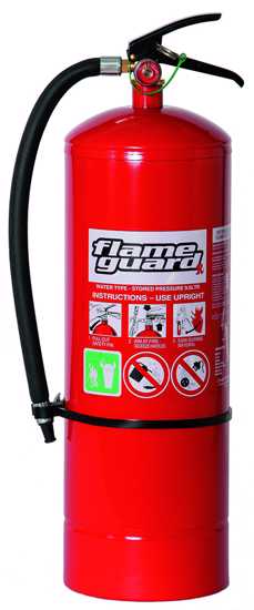 Flameguard 9L Water Extinguisher designed for Class A fires, featuring pressure indicator and wall mounting bracket.