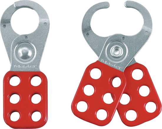 Red vinyl coated Master Lock 0420 lockout hasp with 25mm jaw, holds up to 6 padlocks for secure LOTO procedures.