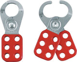 Red vinyl coated Master Lock 0420 lockout hasp with 25mm jaw, holds up to 6 padlocks for secure LOTO procedures.