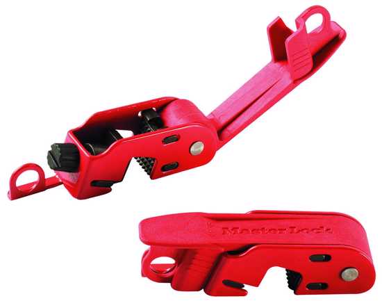 Durable Electrical Lockout for circuit breakers, fitting standard toggles, with easy adjustment and robust grip for safety.