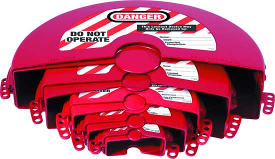 Set of 5 durable rotating gate valve lockouts, designed for safety and easy installation in industrial environments.