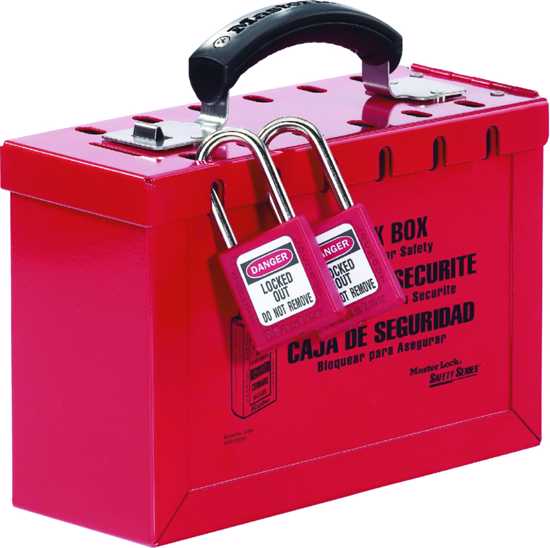 Master Lock 0498A Portable Lockout Group Lockbox for 12 padlocks, featuring Latch Tight mechanism and vibrant red finish.