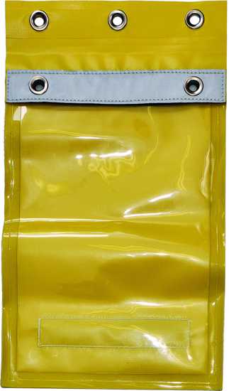 Heavy-duty PVC permit document holder with Velcro flap, protecting important documents from water and dirt, dimensions 355 x 225 mm.
