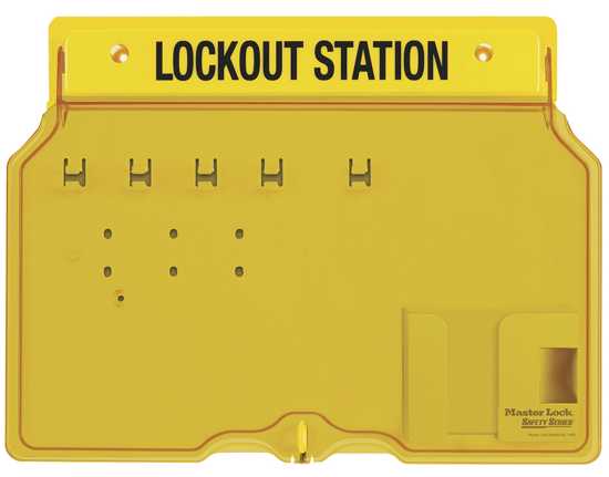 Wall-mounted Master Lock 1482B lockout station with translucent cover, holding up to 4 padlocks for enhanced safety organization.