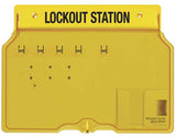 Wall-mounted Master Lock 1482B lockout station with translucent cover, holding up to 4 padlocks for enhanced safety organization.