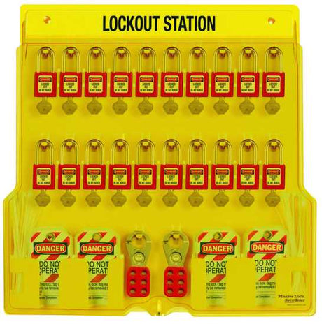 Master Lock 1484B lockout station with translucent cover, holds 20 locks for organized safety management in workplaces.