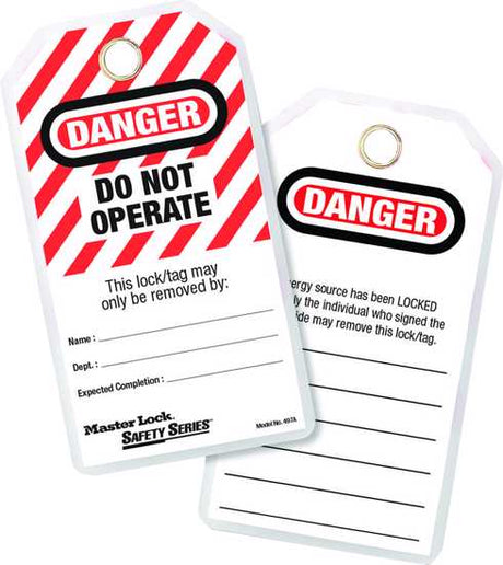 Master Lock 497A double-sided lockout tags, 80x146mm, durable polyester, designed for safety compliance, pack of 12.